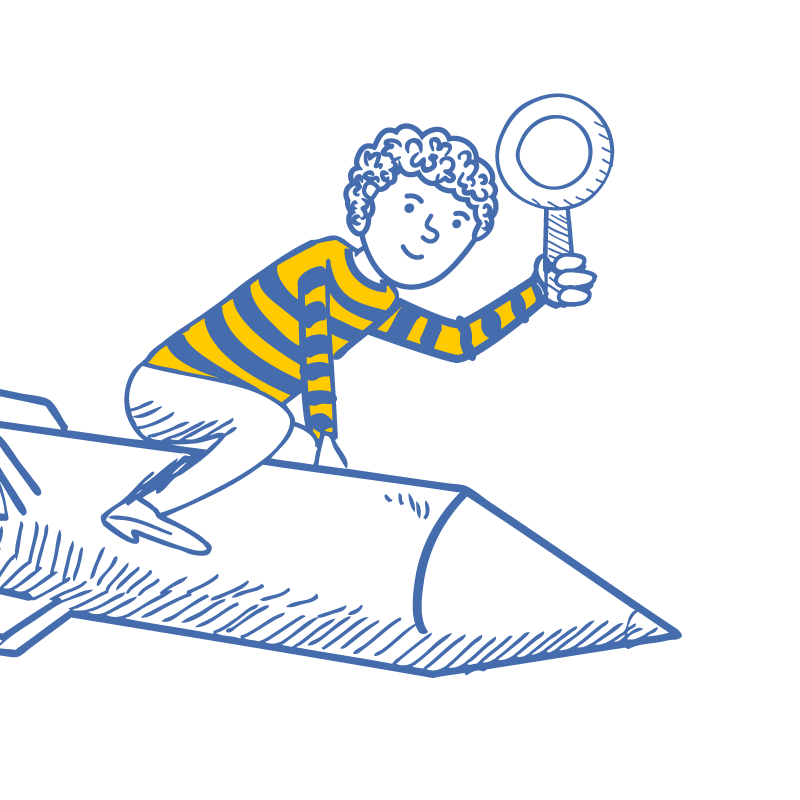Clip art of guy riding a rocket and holding up a magnifying glass